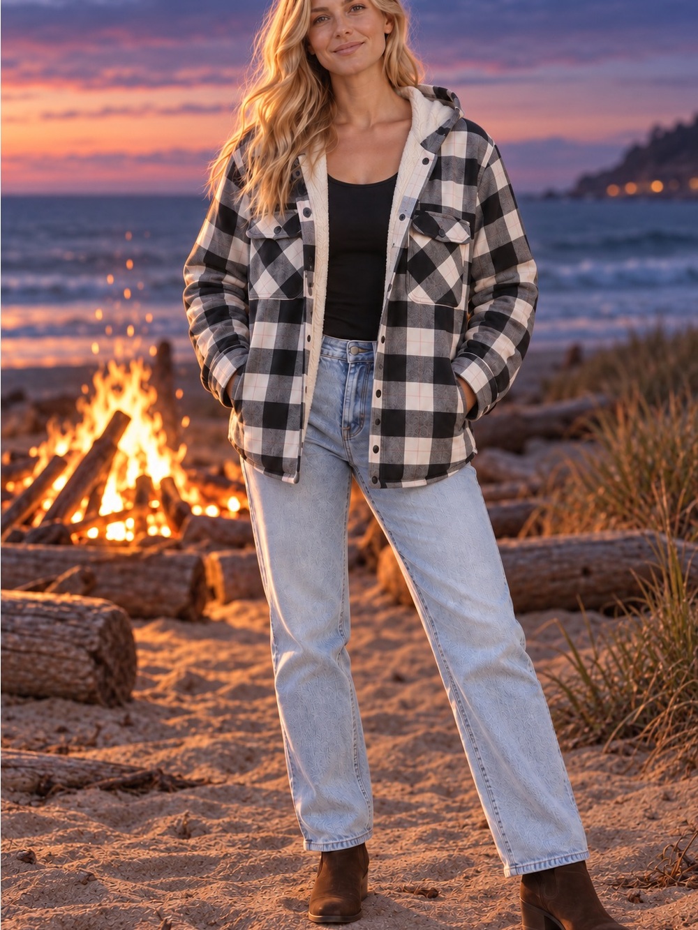 Boston Traders Black & White Buffalo Plaid Sherpa Hooded Utility Jacket